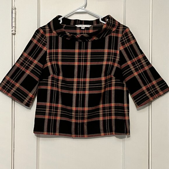 Trina Turk mock neck plaid blouse size XS 3/4 sleeve preppy dark academia fall - Picture 1 of 9